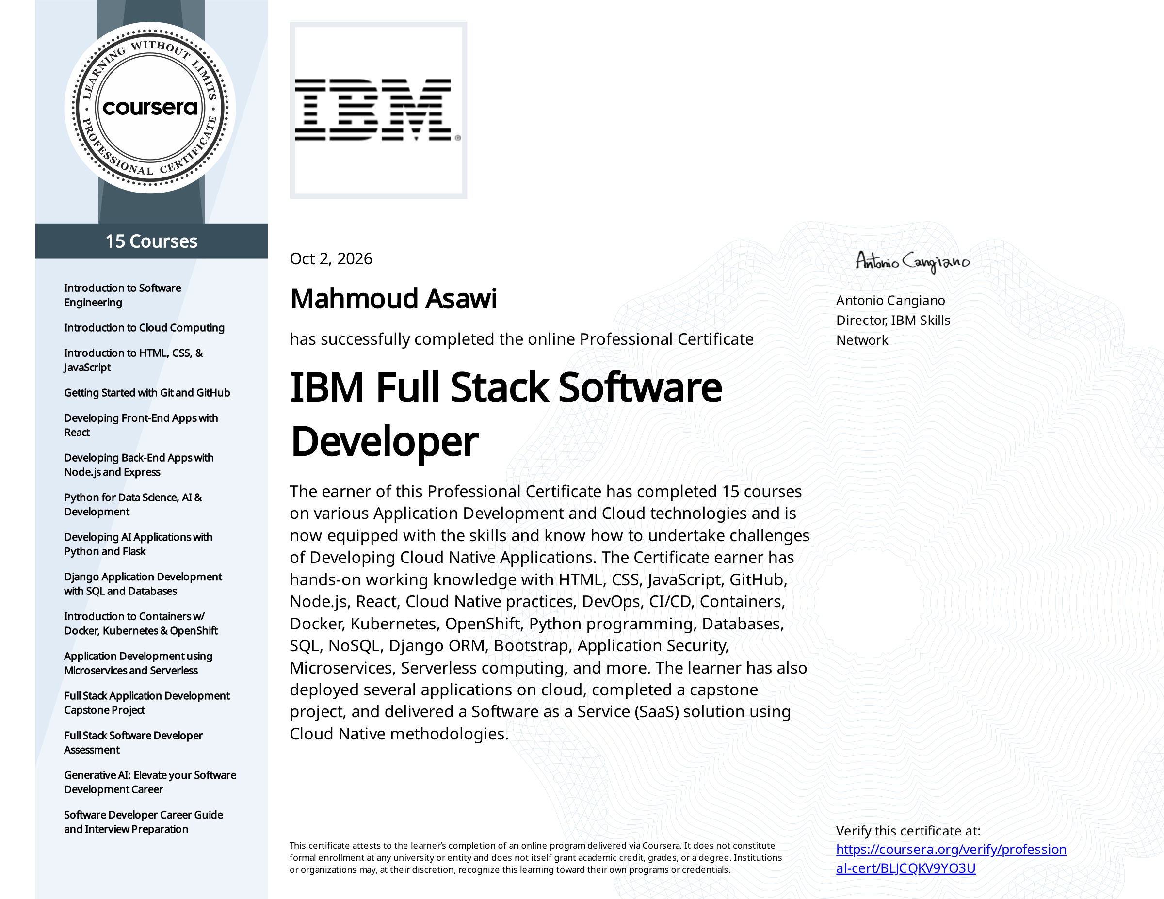 IBM Full Stack Software Developer Professional Certificate