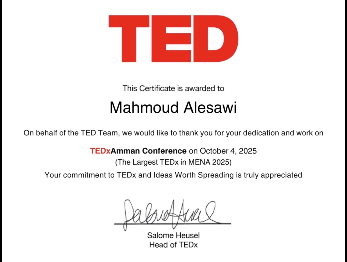 TEDxAmman Team Lead Certificate